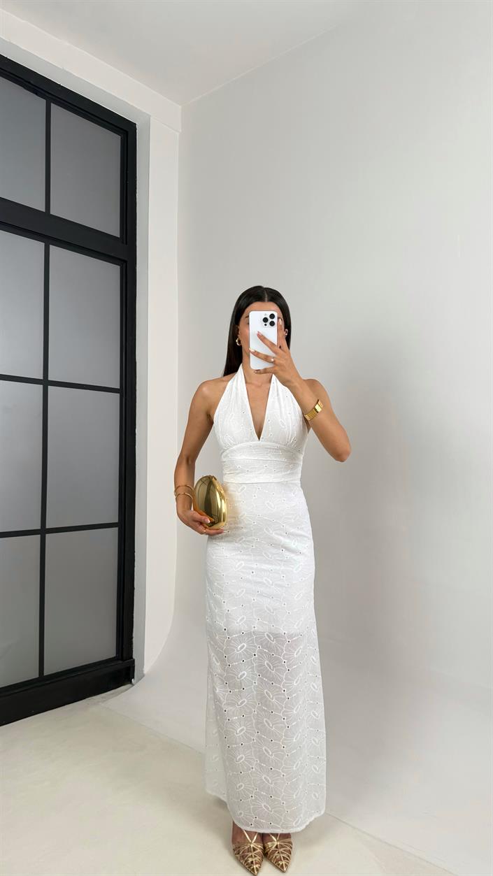 Beyaz Boyundan Bağlamlı Astarlı Fistolu Elbise Gaus00669