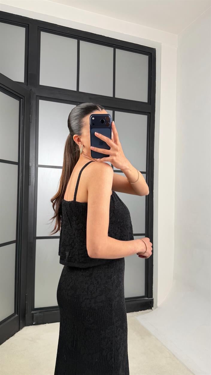 Siyah Askılı Nakışlı Beli Lastikli Triko Elbise GAUS-01398