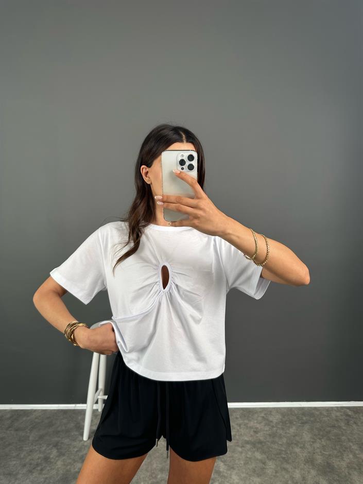Beyaz Sis Önden Dekolteli Tshirt 