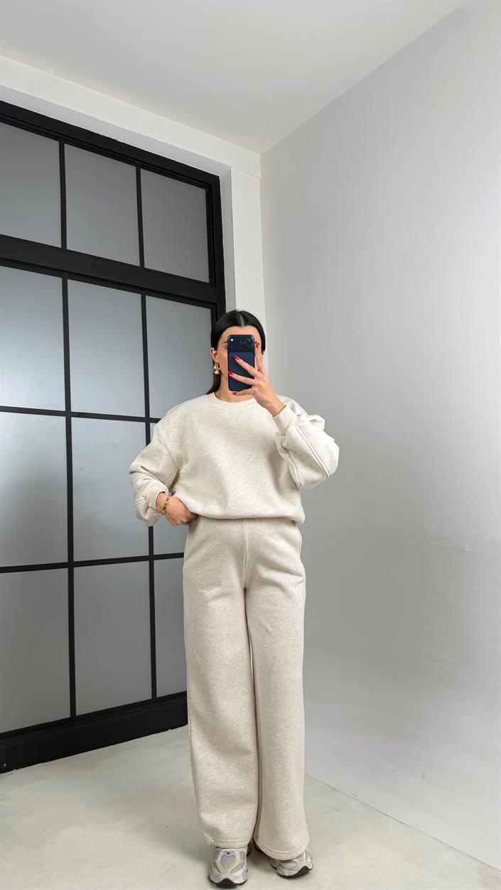 Bej Şardonlu Sweatshirt Eşofman Takım Gaus-01028