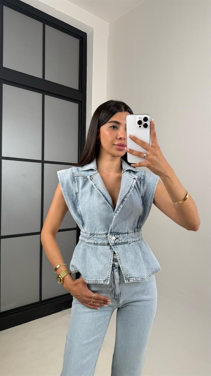 Mavi Düğmeli Denim Tasarım Yelek Gaus00602