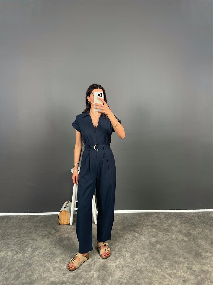 Tatissi Lacivert Kemer Bağlamalı V Yaka Keten Tulum