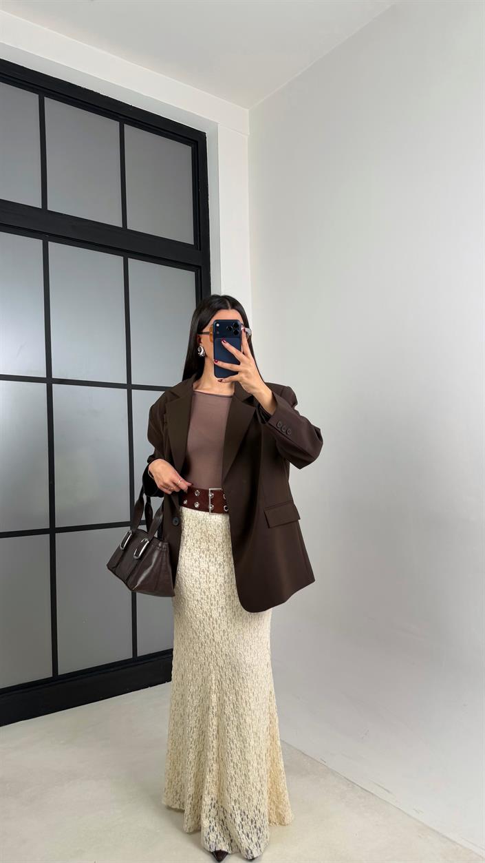 Ekru Maxi Boy Full Astarlı Dantel Etek GAUS-00714