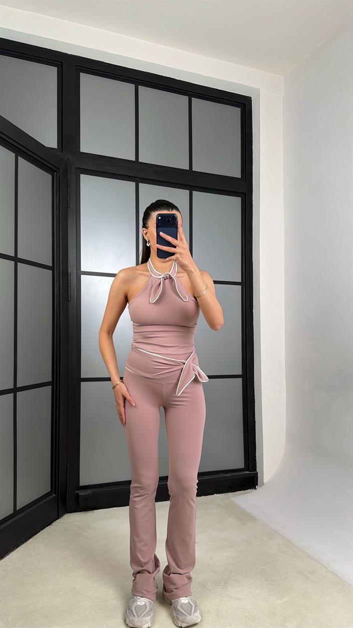 Pudra Pembe OYS Model Fiyonk Detaylı Crop Tayt Takım GAUS-01407