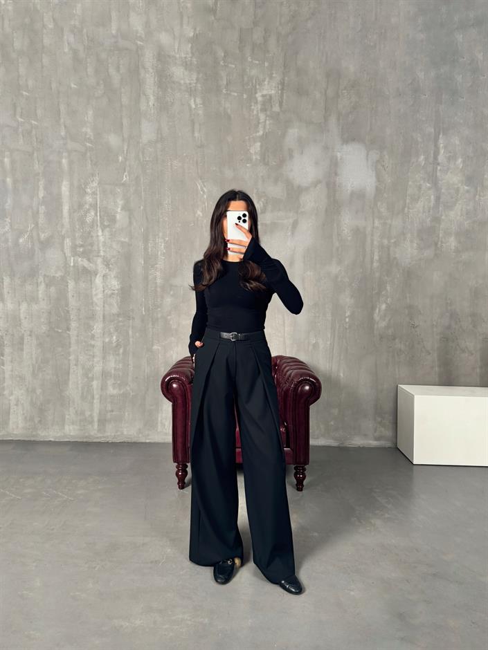 Piqu Siyah ZR Muadil Kemerli Pantolon