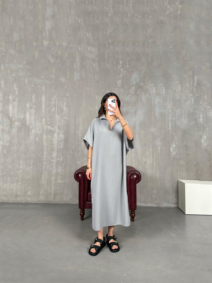 Gri V Polo Yaka Yandan Yırtmaçlı Keten Elbise Gaus00164