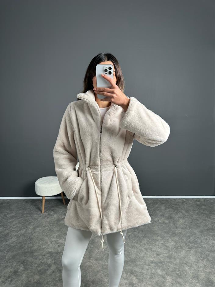 Rozy Krem Fermuarlı Astarlı Peluş Kürk Mont