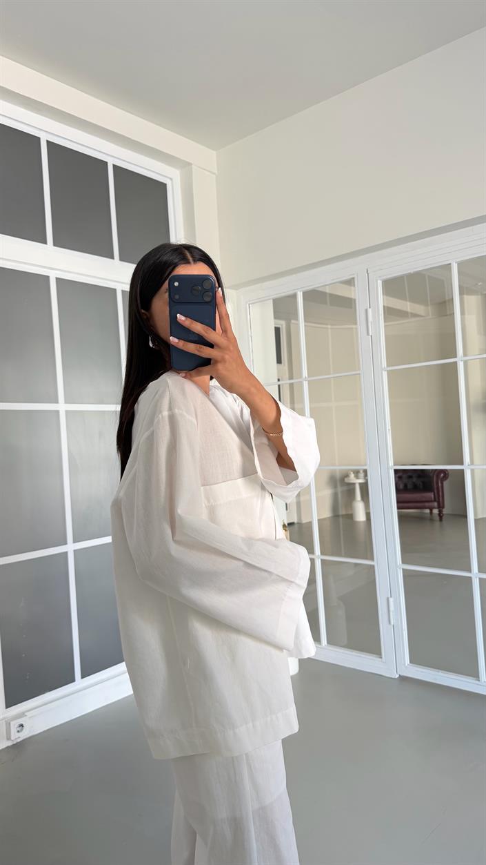 Beyaz Kimono Beli Lastikli Pantolon İkili Keten Takım GAUS-01491