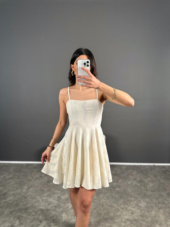 Ekru Fistolu Astarlı Mini Elbise 