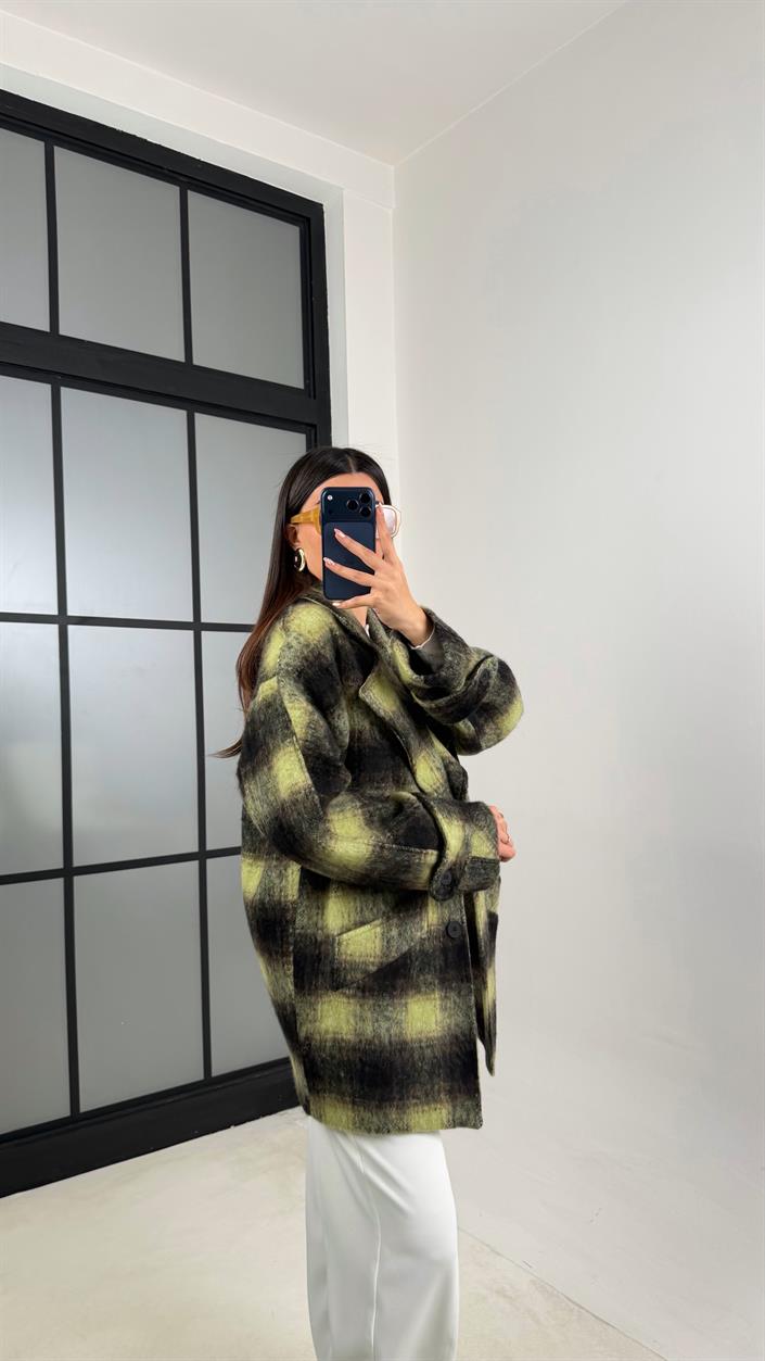 Yeşil Kareli Astarlı Cepli Tasarım Kaban GAUS-00804