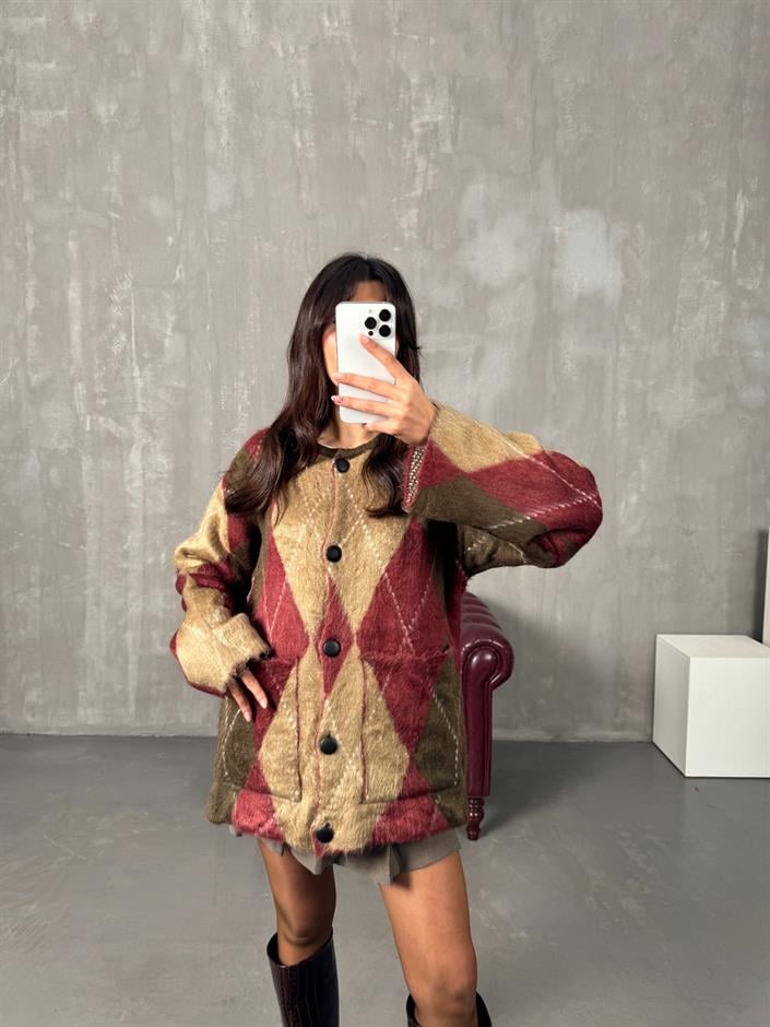 Soov Bordo Vizon Karışımlı Sakallı Baklava Hırka