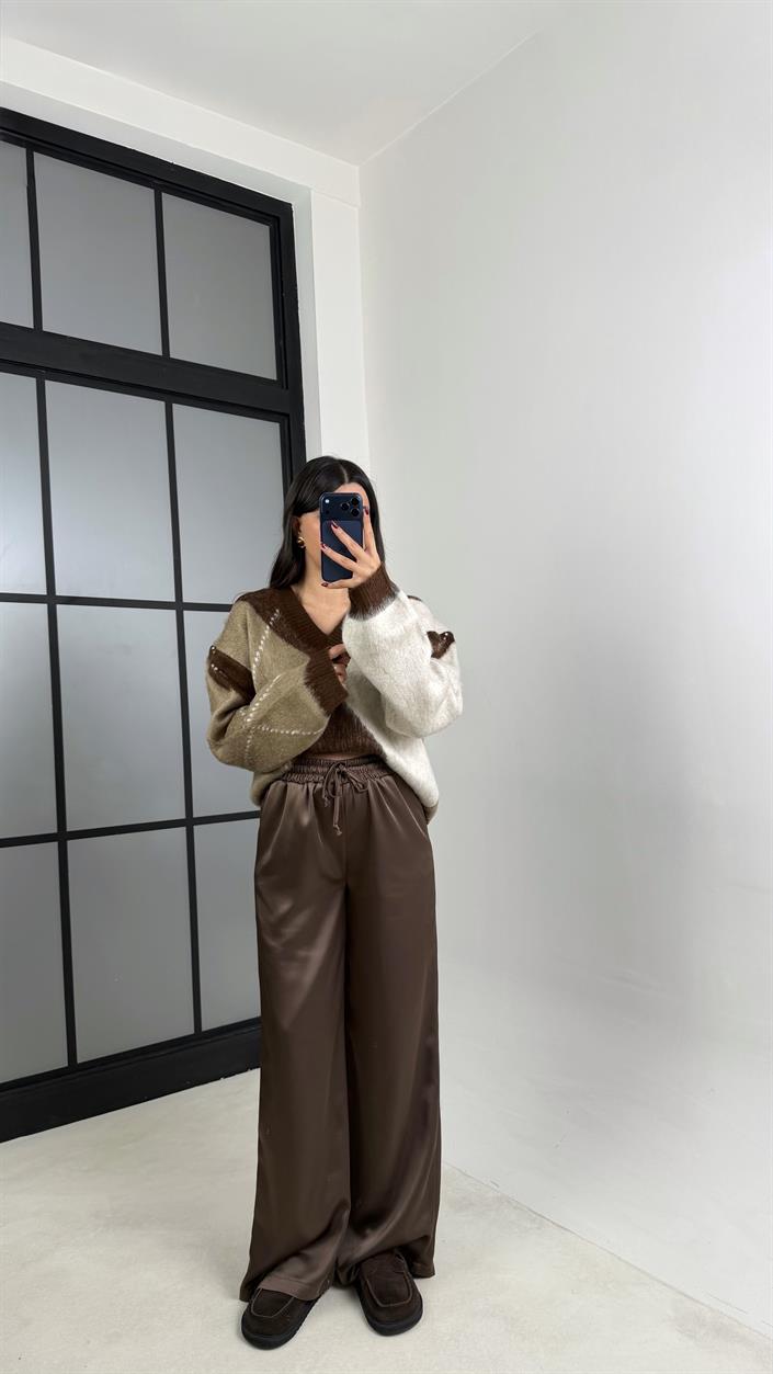 Kahve Beli Lastikli Saten Pantolon GAUS-00696