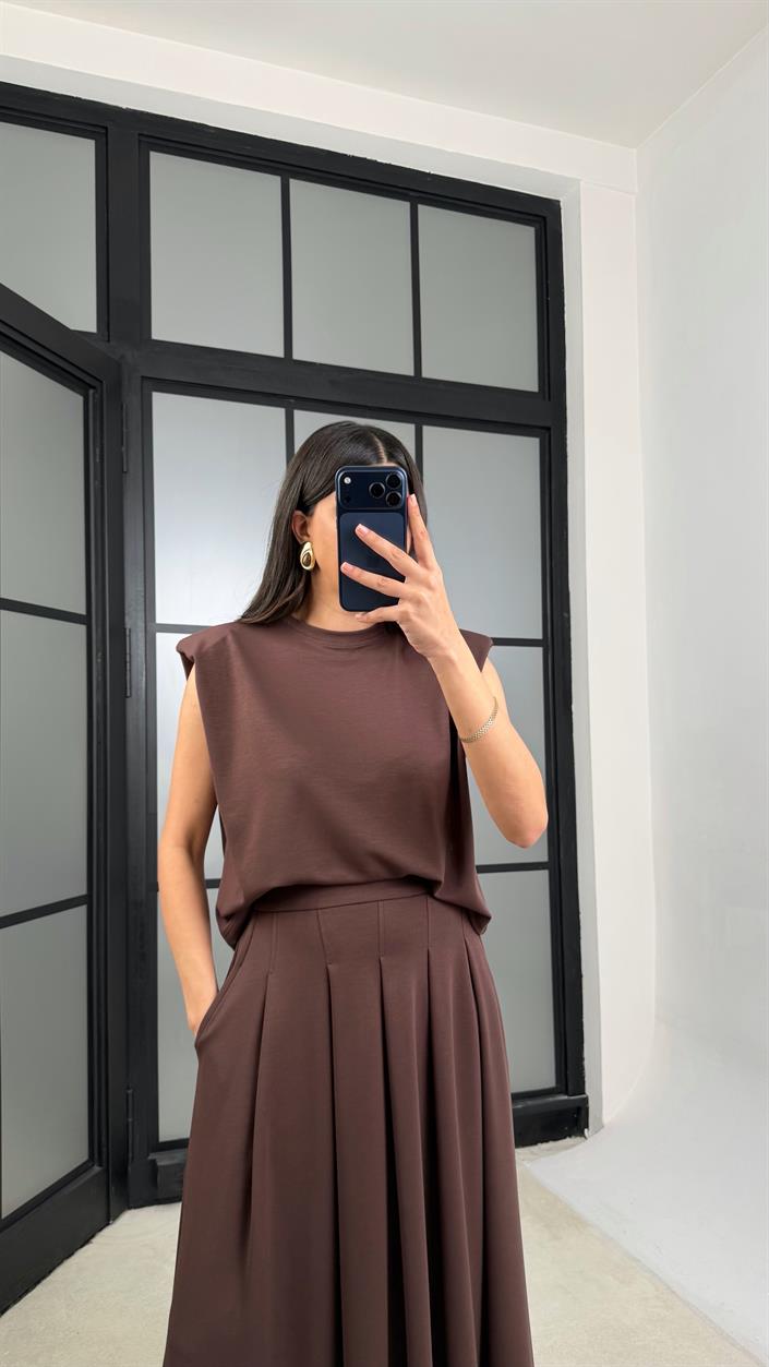 Kahve Vatkalı Bluz Cepli Etek İkili Modal Takım GAUS-01311