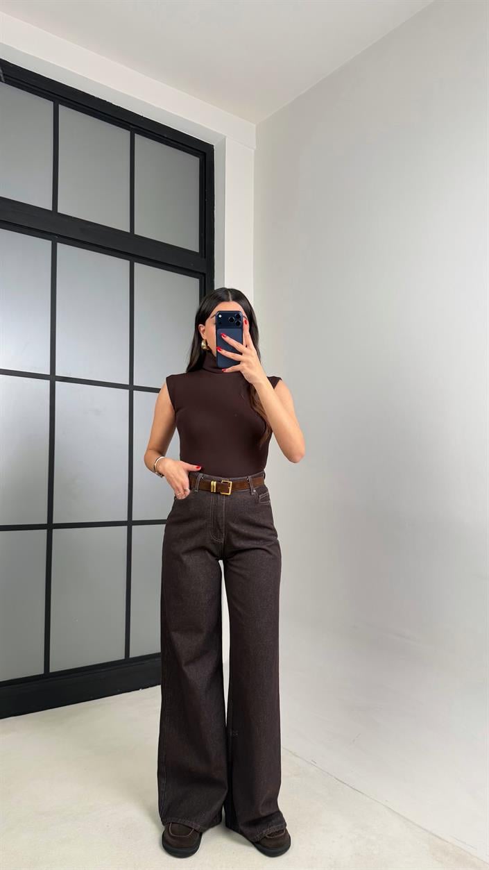 Acı Kahve Yüksek Bel Kemerli Eskitme Jean GAUS-00927