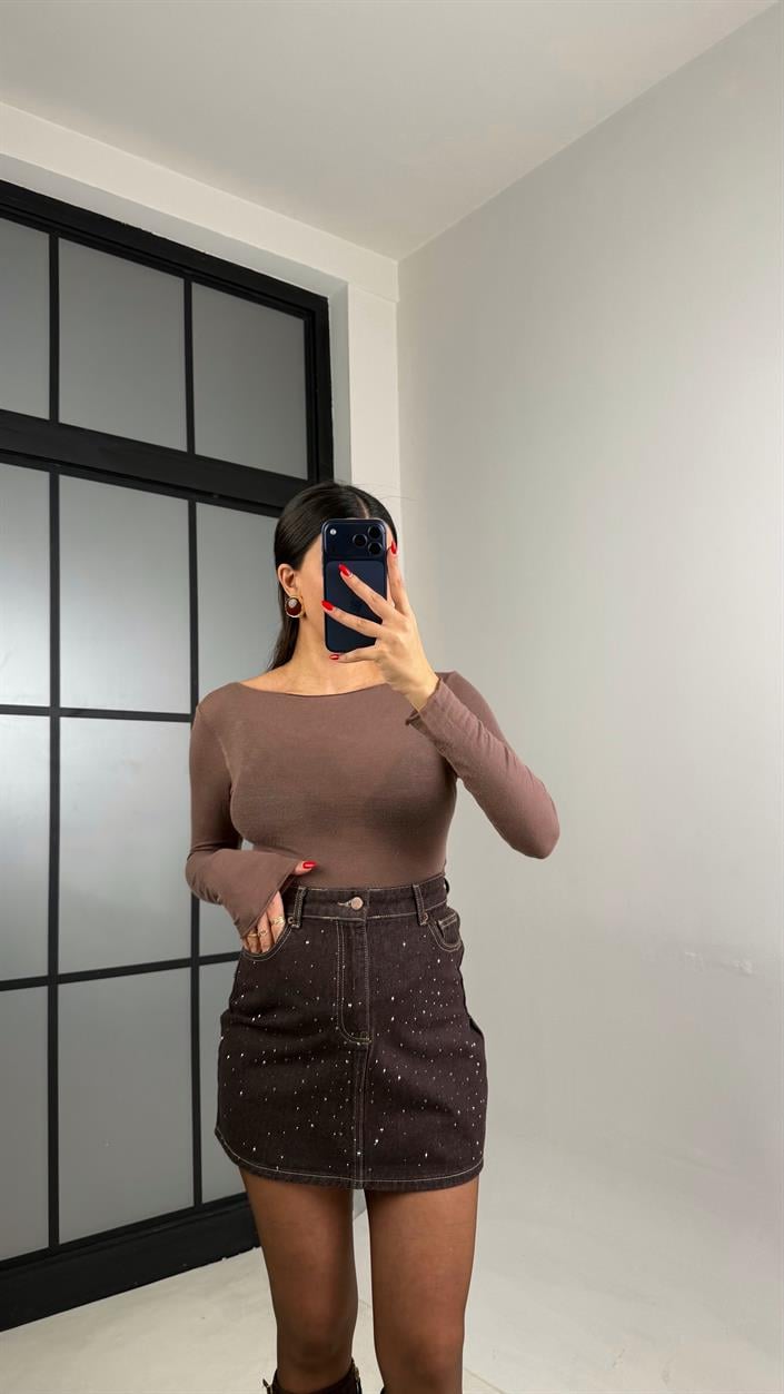 Kahve Taşlı Mini Denim Etek GAUS-01041