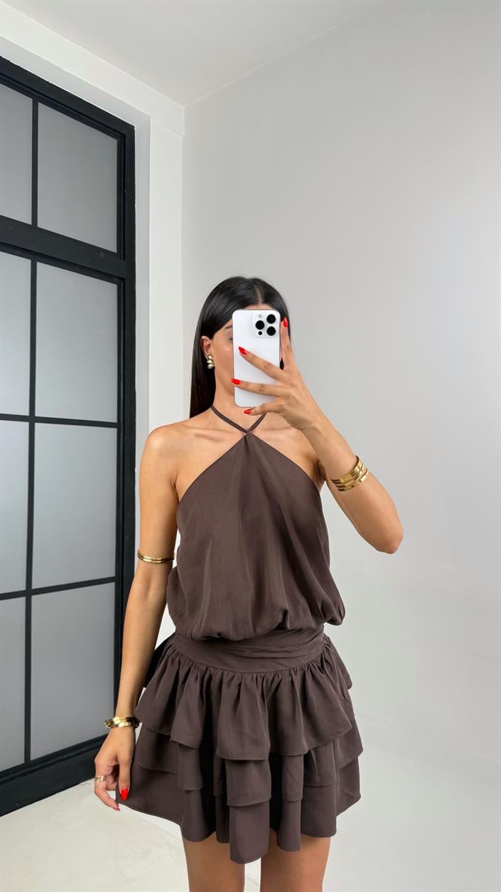 Kahve Boyundan Bağlamalı Katlı Tasarım Mini Elbise GAUS-0040