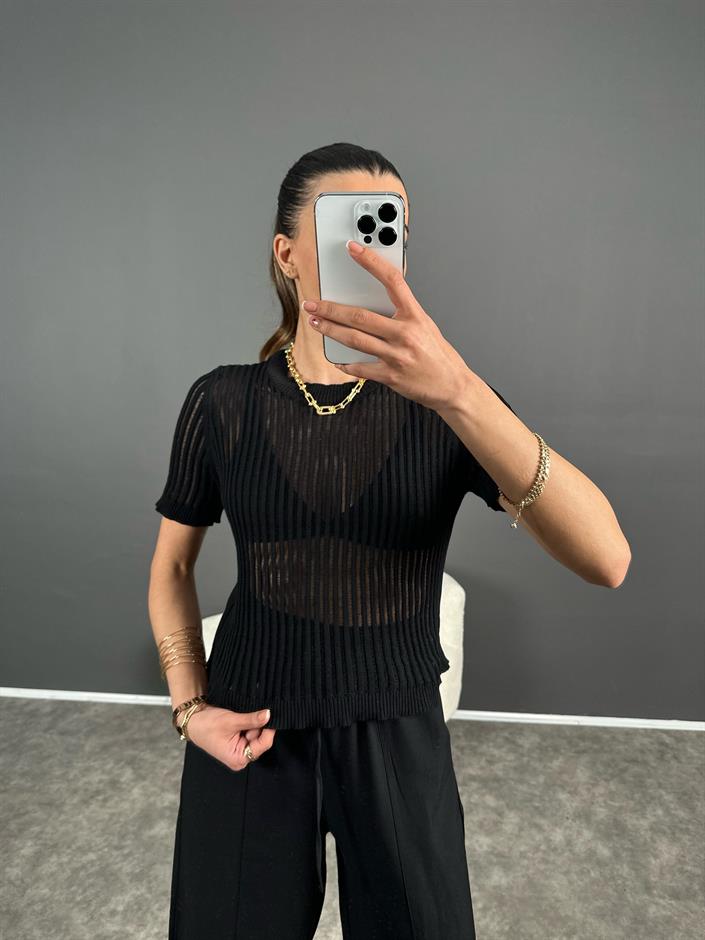 Siyah Transparan Kısa Kol Triko