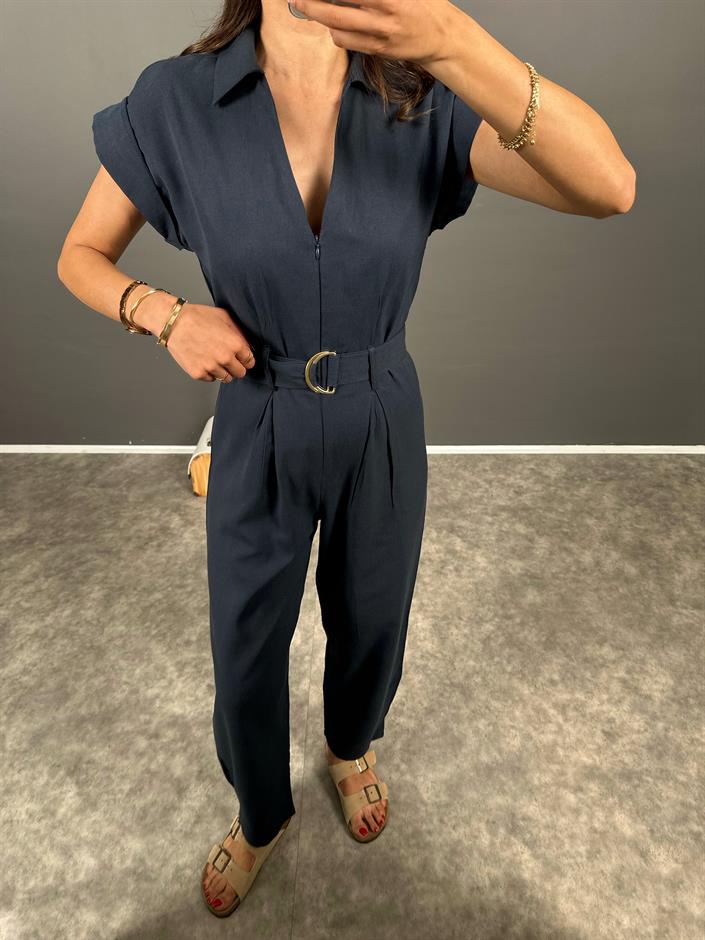 Tatissi Lacivert Kemer Bağlamalı V Yaka Keten Tulum