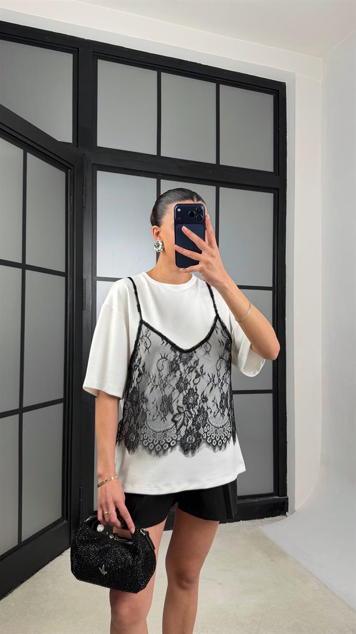 Ekru Dantel Atlet Detaylı Tshirt GAUS-01370