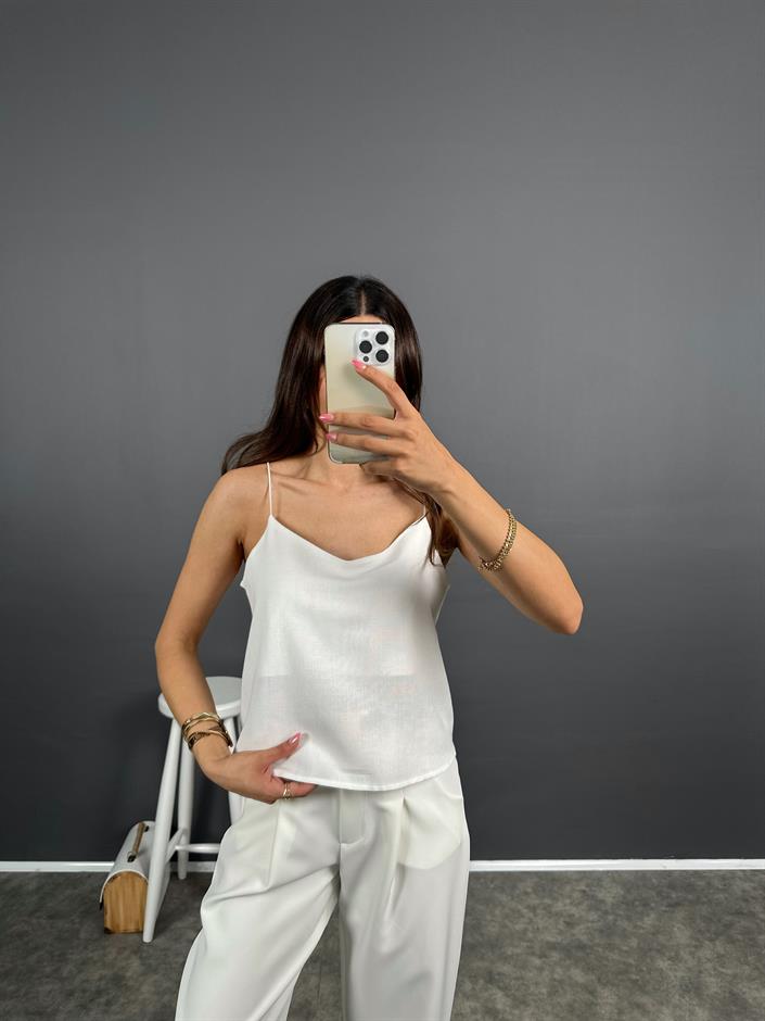 Exa Beyaz Askılı Keten Crop Bluz