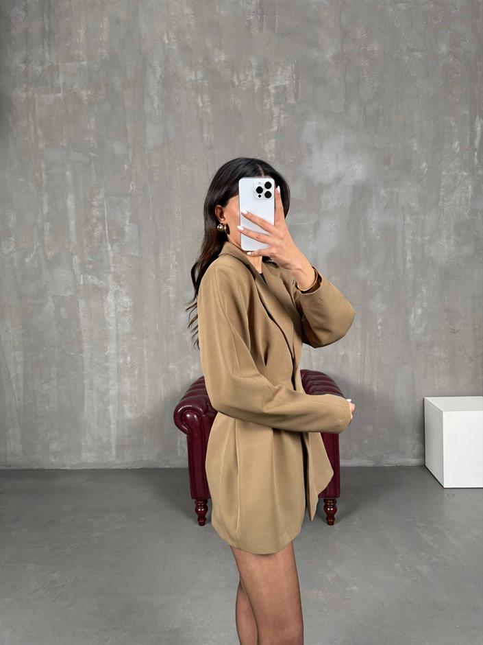 Tore Camel Belden Oturtmalı Düğmeli Astarlı Ceket