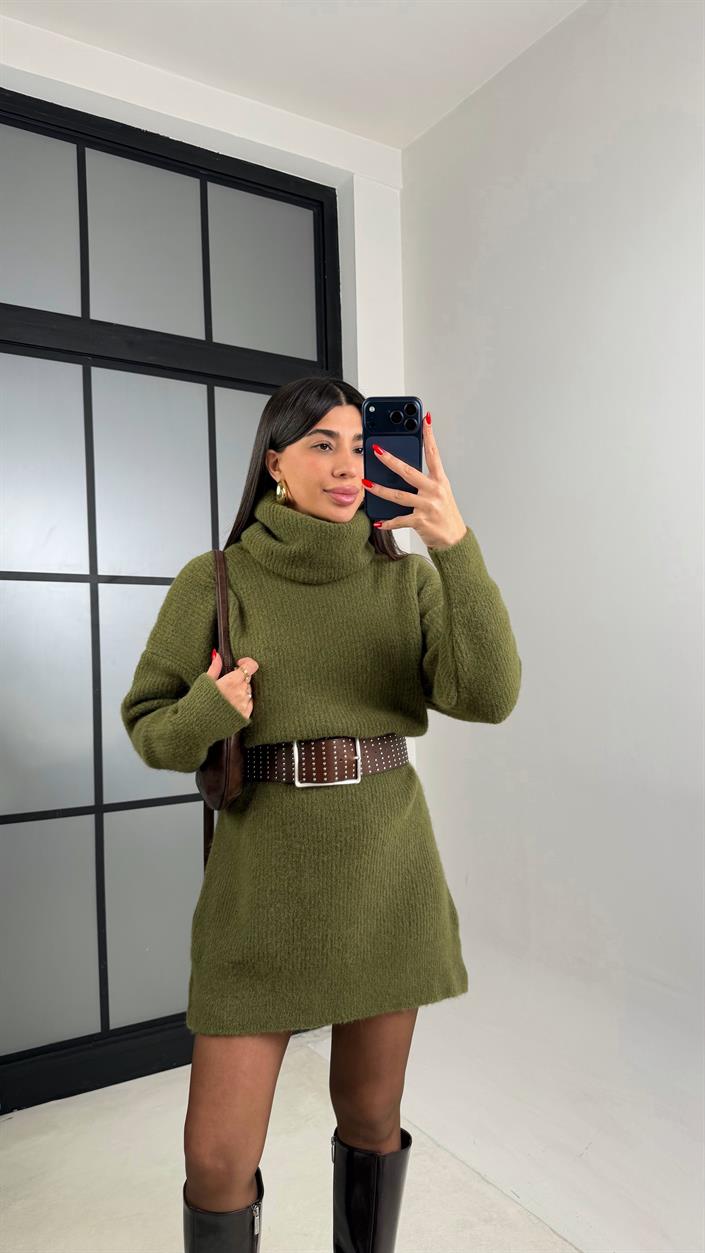 Yeşil Balıkçı Yaka Oversize Triko Elbise GAUS-00900