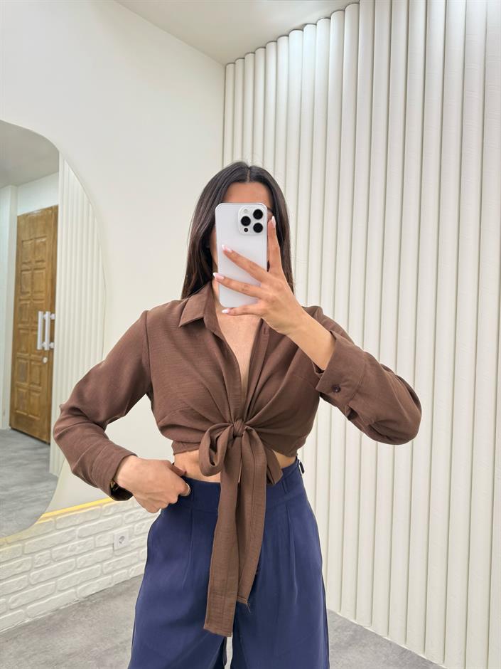 Kahve Önü Bağlamalı Premium Keten Gömlek Gaus00319