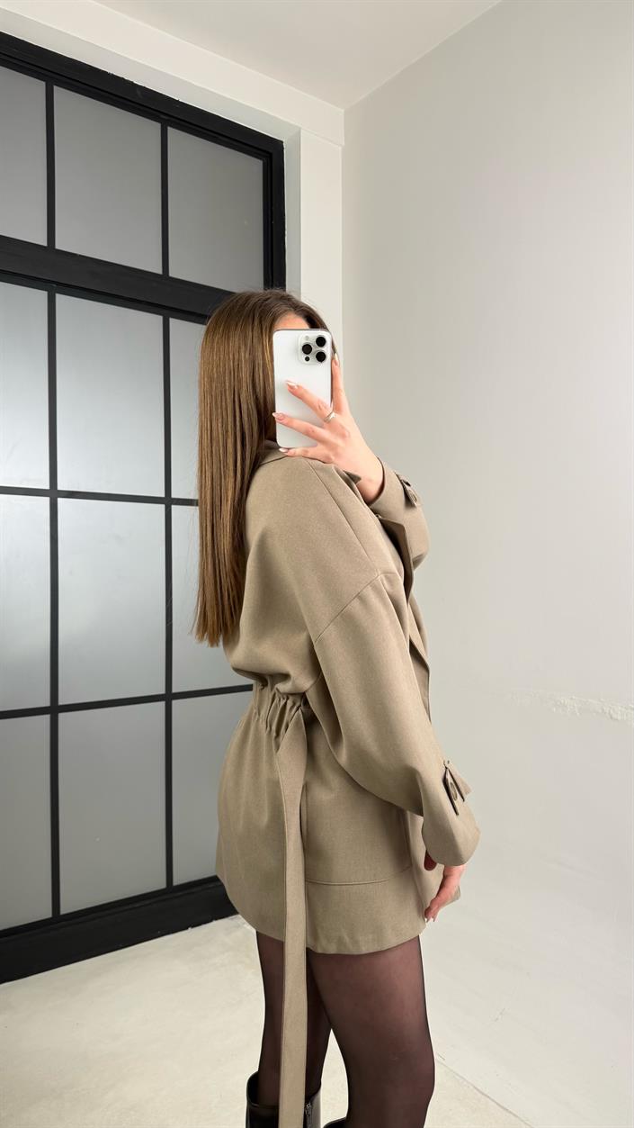 Haki Astarlı Kuşaklı Premium Trençkot GAUS-00977