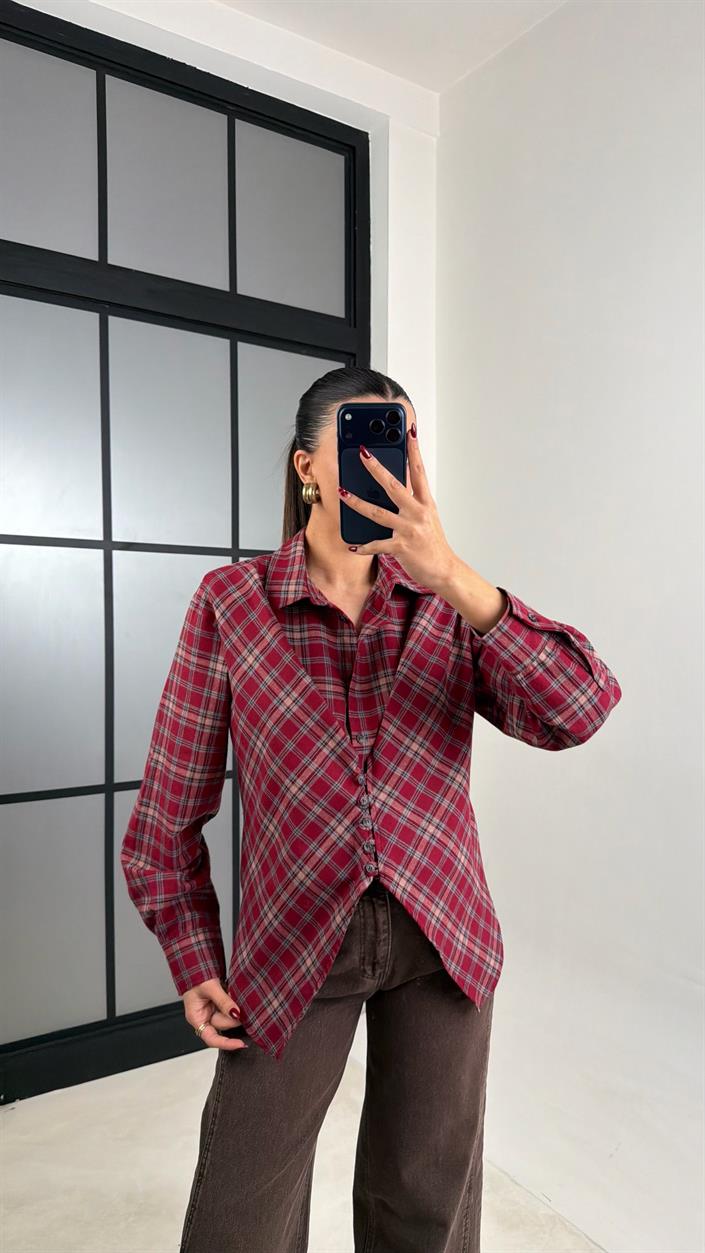 Kırmızı Ekose Ön Düğme Detaylı Kuşaklı Vatkalı Tasarım Gömlek GAUS-00769