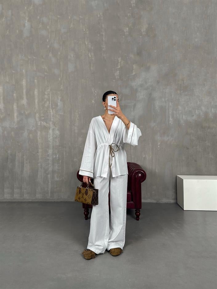 Beyaz Bağlamalı Keten Kimono Takım Gaus00034