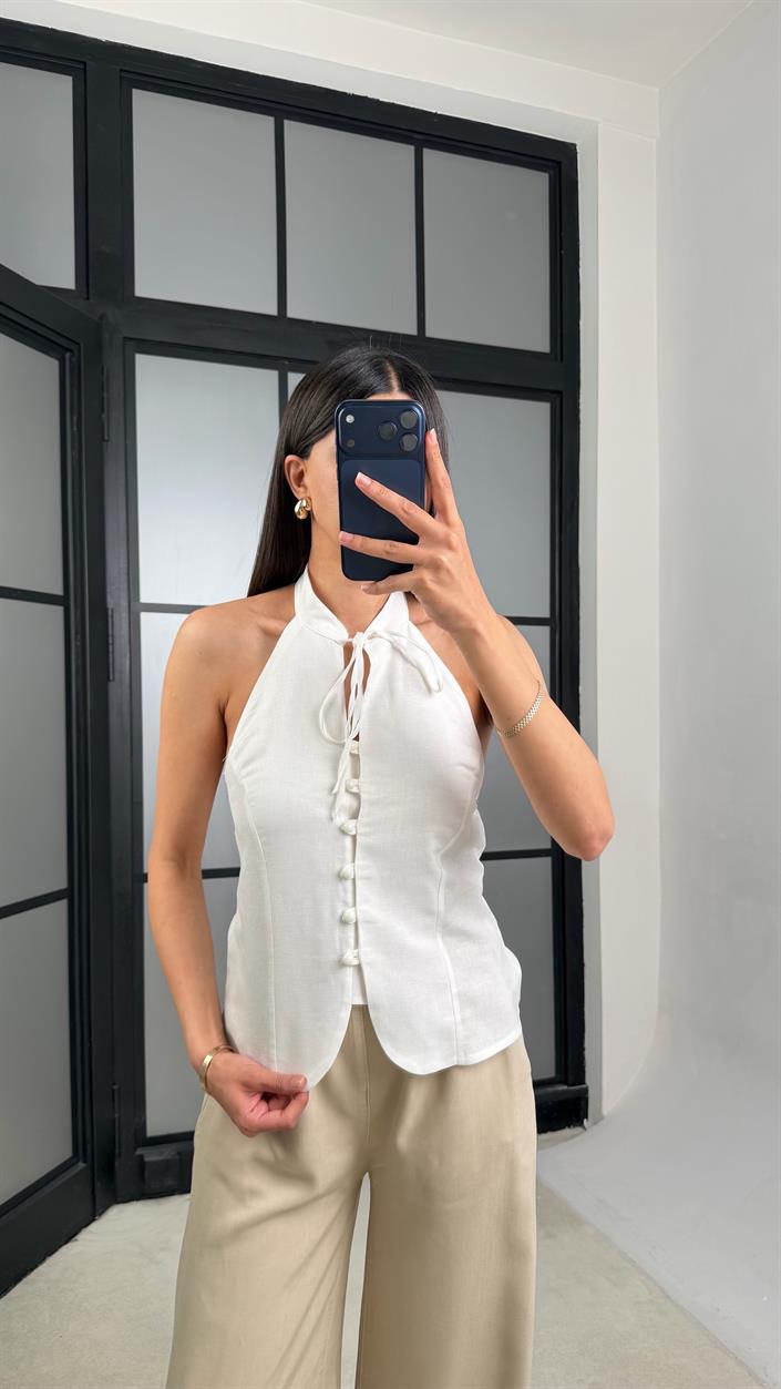 Ekru Boyundan Bağlamalı Düğmeli Keten Bluz GAUS-01422