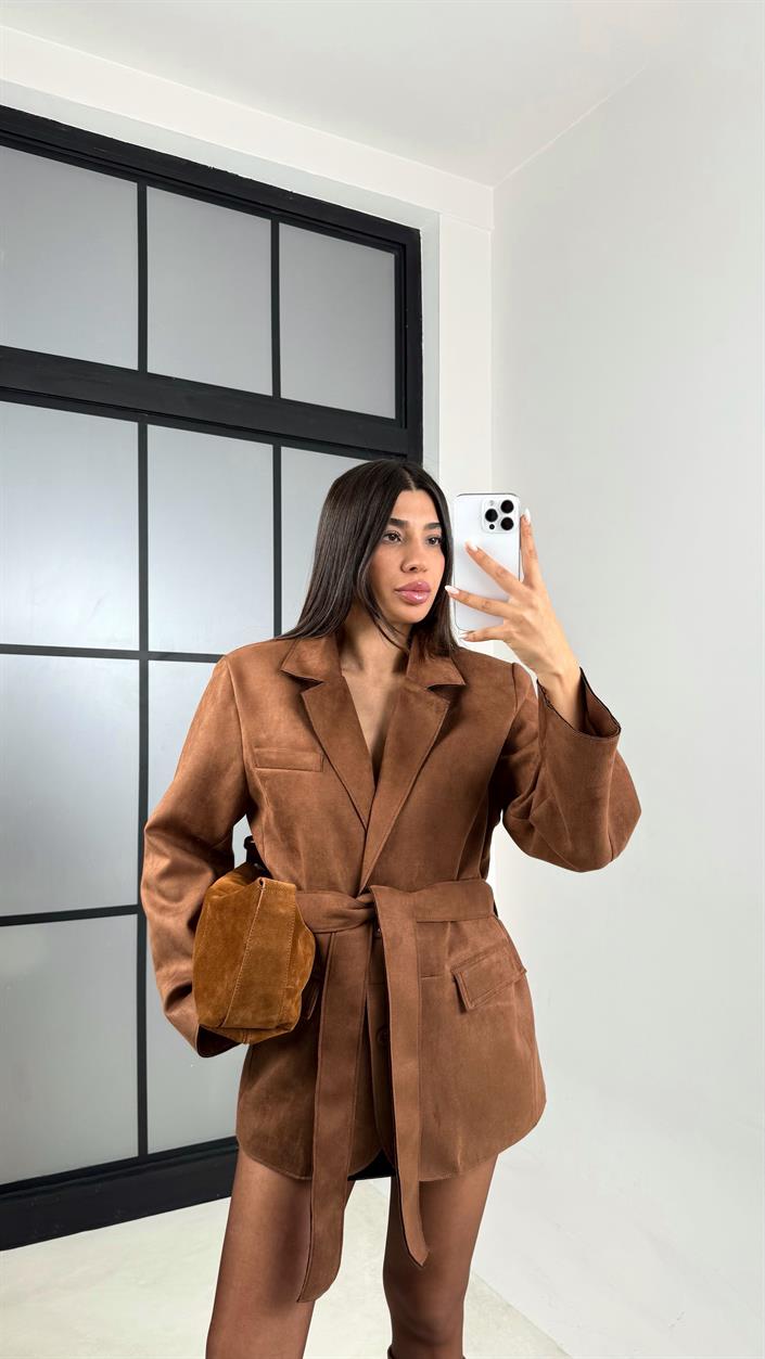 Camel Kuşaklı Vatkalı Astarlı Tasarım Süet Ceket GAUS-00568