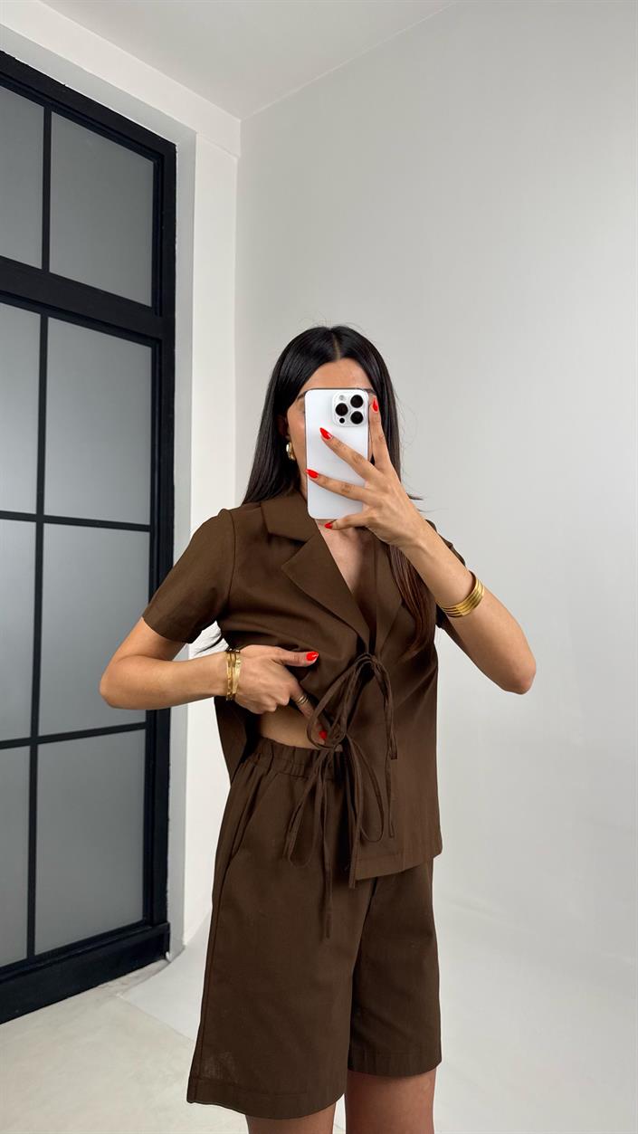 Kahve Önden Bağlamalı Gömlek Beli Lastikli Şort İkili Keten Takım GAUS-0028