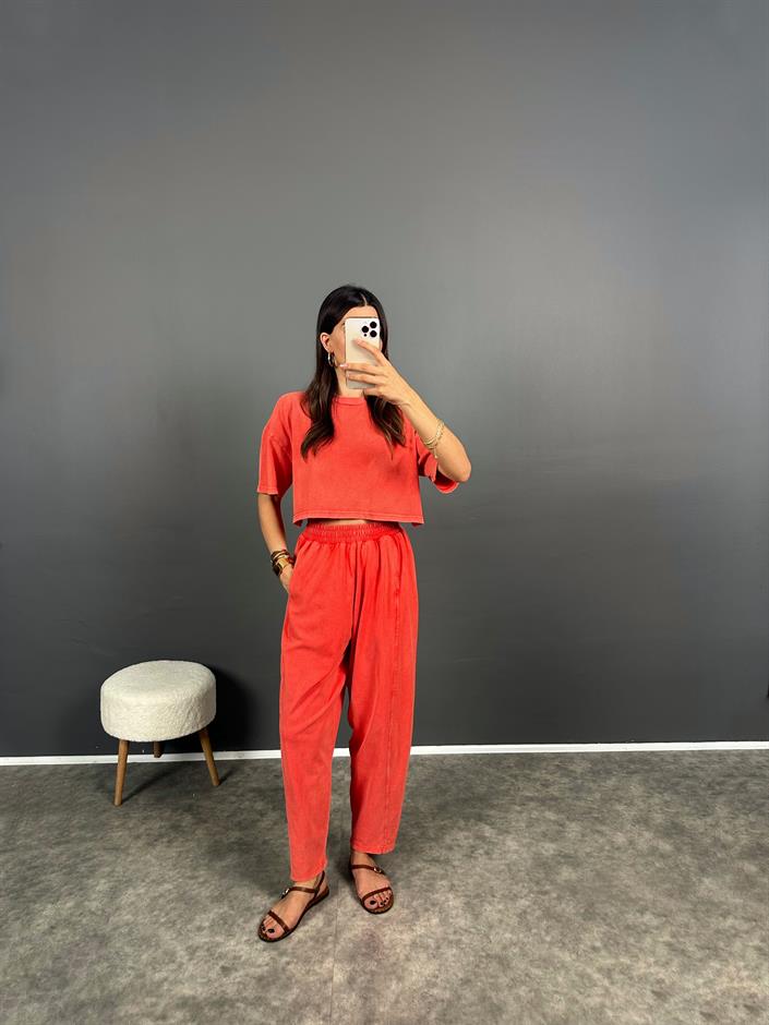 Ava Nar Çiçeği Yıkama Tshirt Pantolon İkili Takım