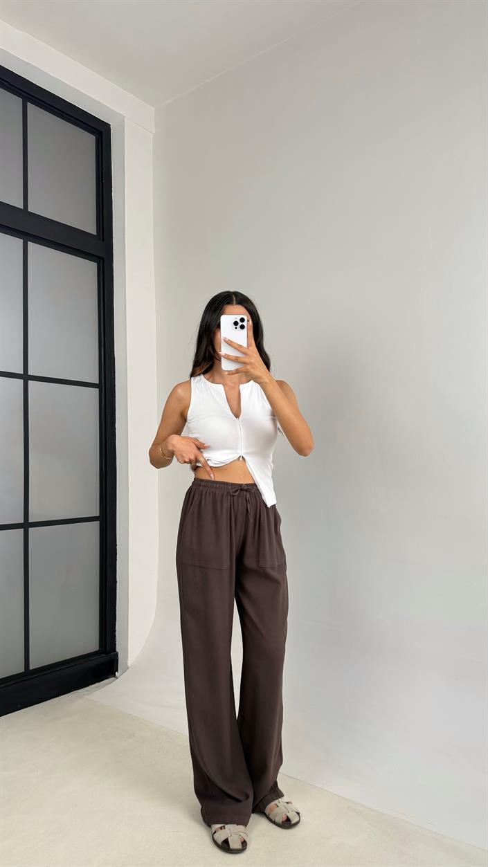 Acı Kahve Beli Lastikli Cep Detaylı Gabardin Pantolon GAUS-0082
