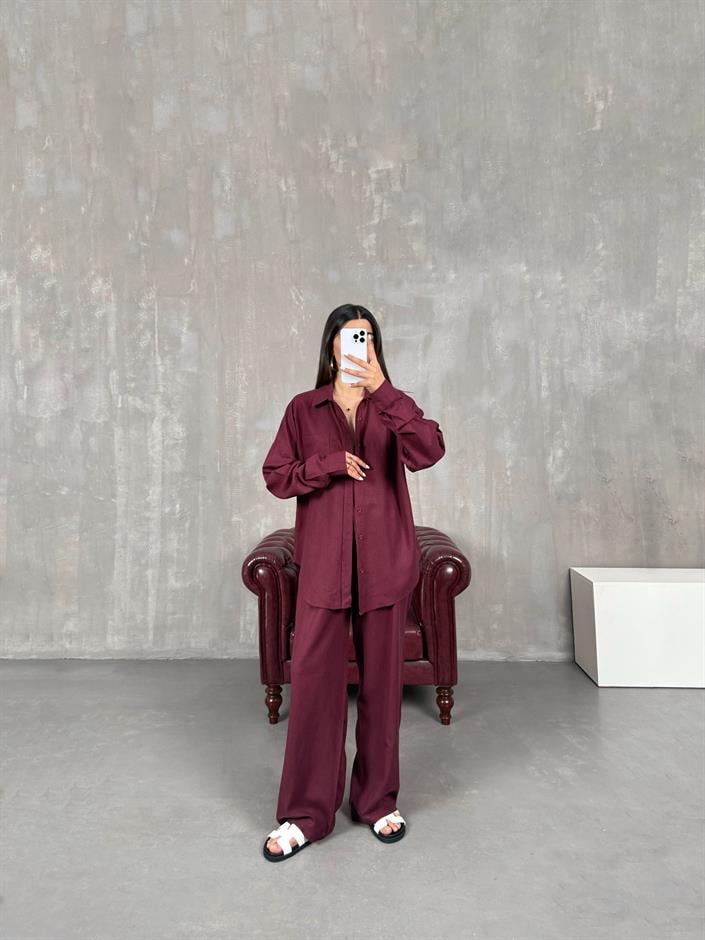 Bordo Gömlek Pantolon Keten Muadil Takım Gaus00080
