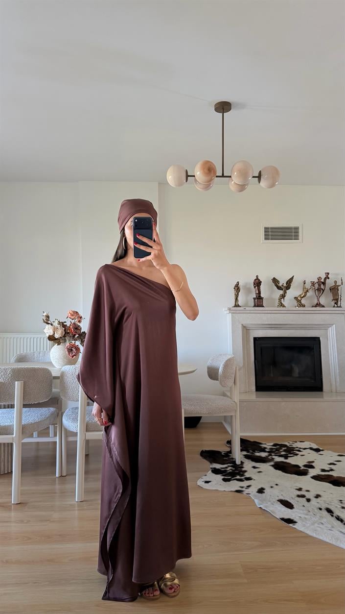 Kahve Bandanalı Tek Omuz Saten Elbise GAUS-01645