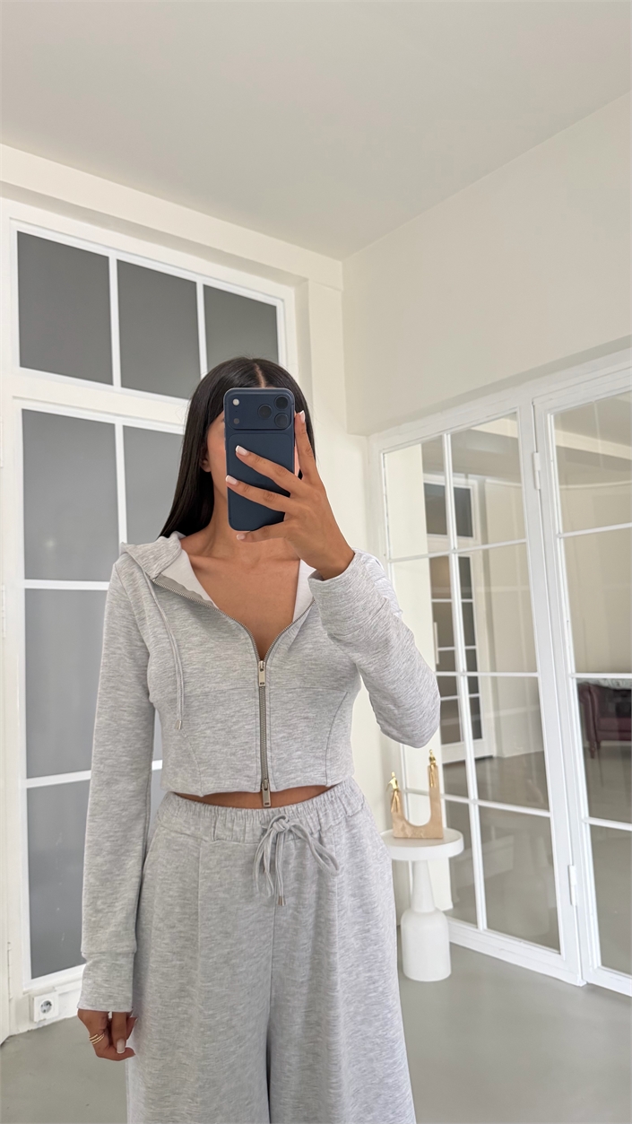 Gri Kapüşonlu Hırka Beli Lastikli Geniş Paça Pantolon İkili OYS Modal Kumaş Takım GAUS-02152