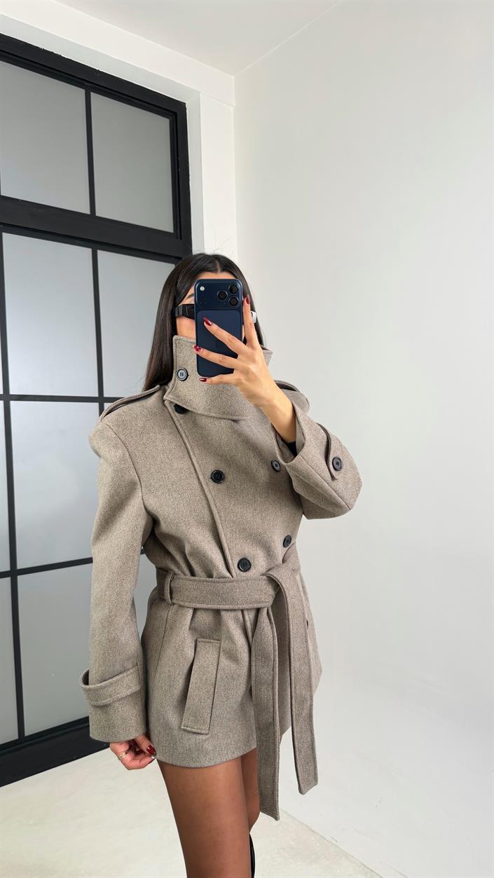 Vizon Dik Yakalı Vatkalı Kuşaklı Kaşe Kaban GAUS-00704