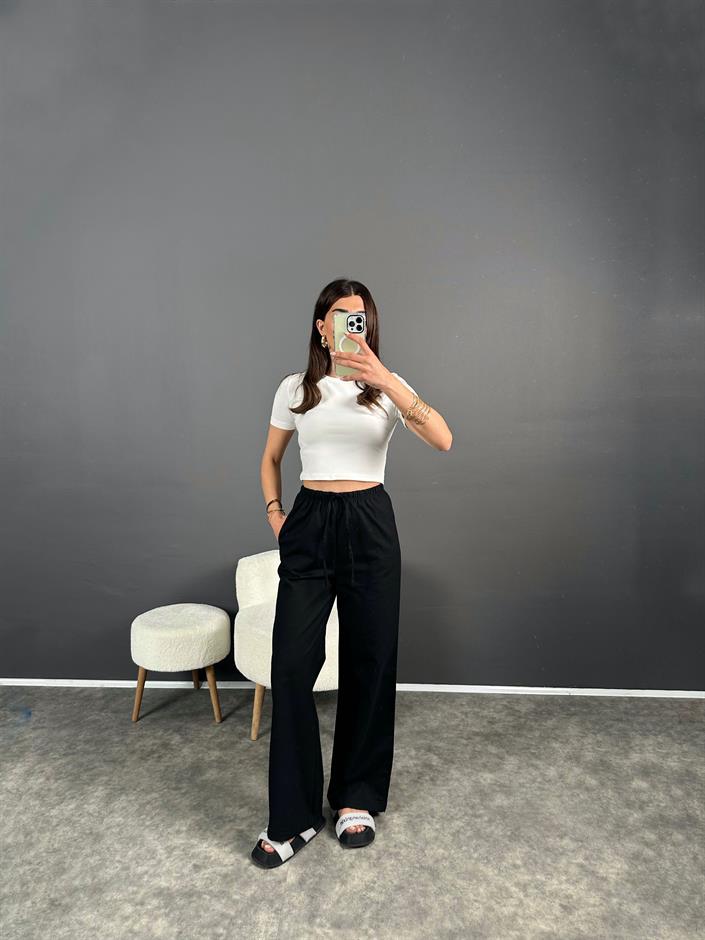 Nia Siyah Keten Beli Lastikli Pantolon