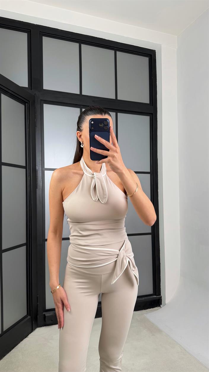 Bej OYS Model Fiyonk Detaylı Crop Tayt Takım GAUS-01407