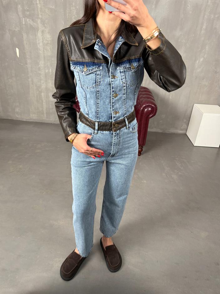 Barnes Eskitme Deri Detaylı Premium Tasarım Denim Tulum