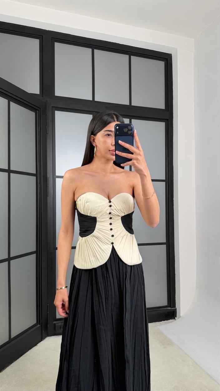 Krem Pileli Düğme Detaylı Tasarım Korse GAUS-01534
