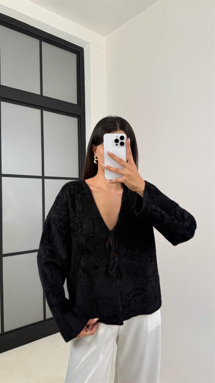 Siyah Önü Bağlamalı Premium Sakallı Hırka GAUS-0092