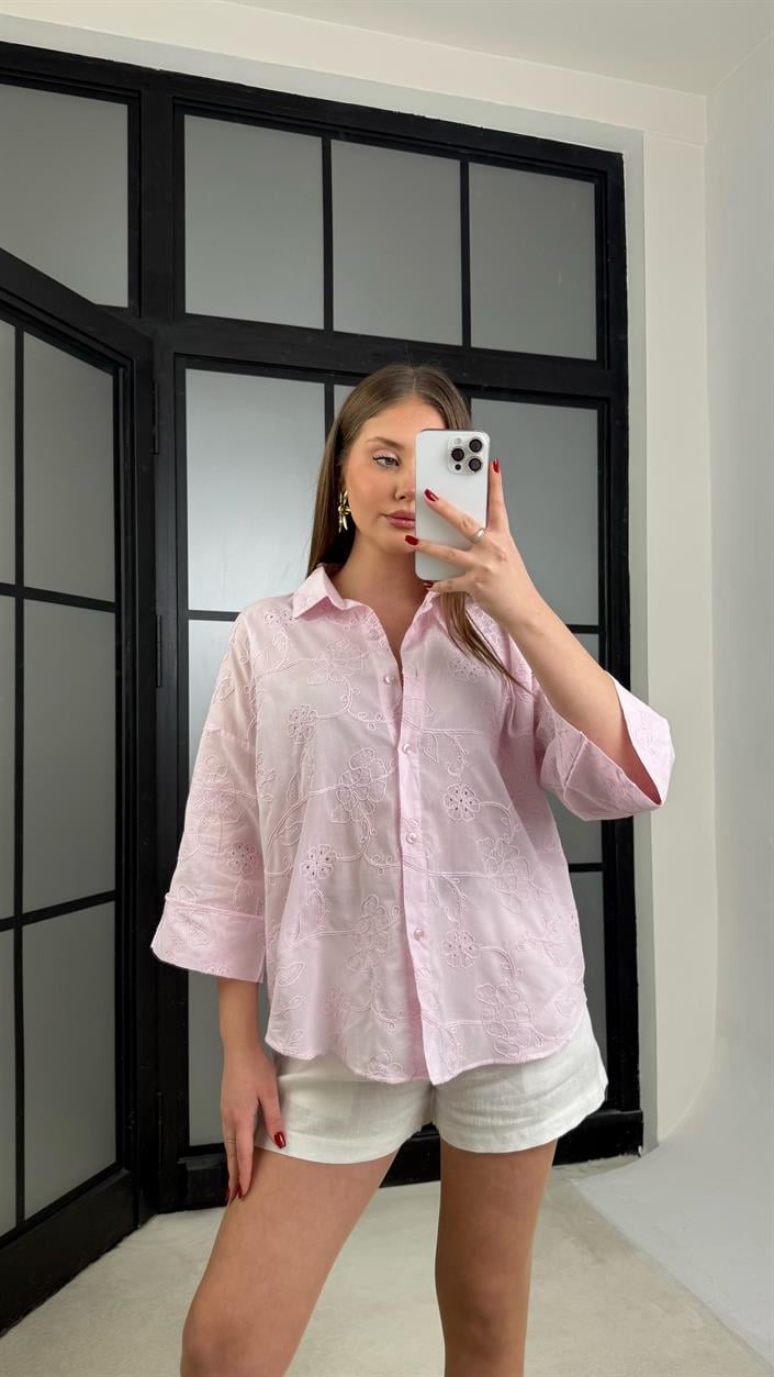 Pembe Çiçek Nakışlı Pinterest Gömlek GAUS-01268