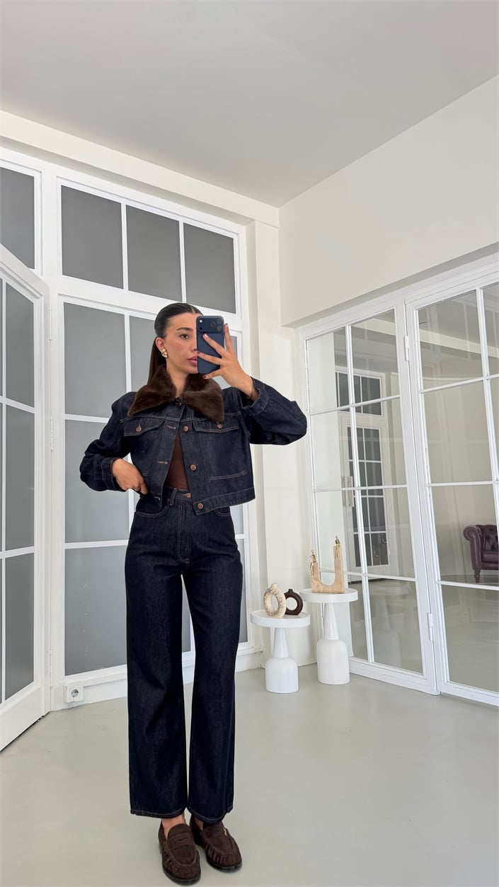 Lacivert Kürk Yakalı Ceket Pantolon Premium Denim Takım GAUS-01903