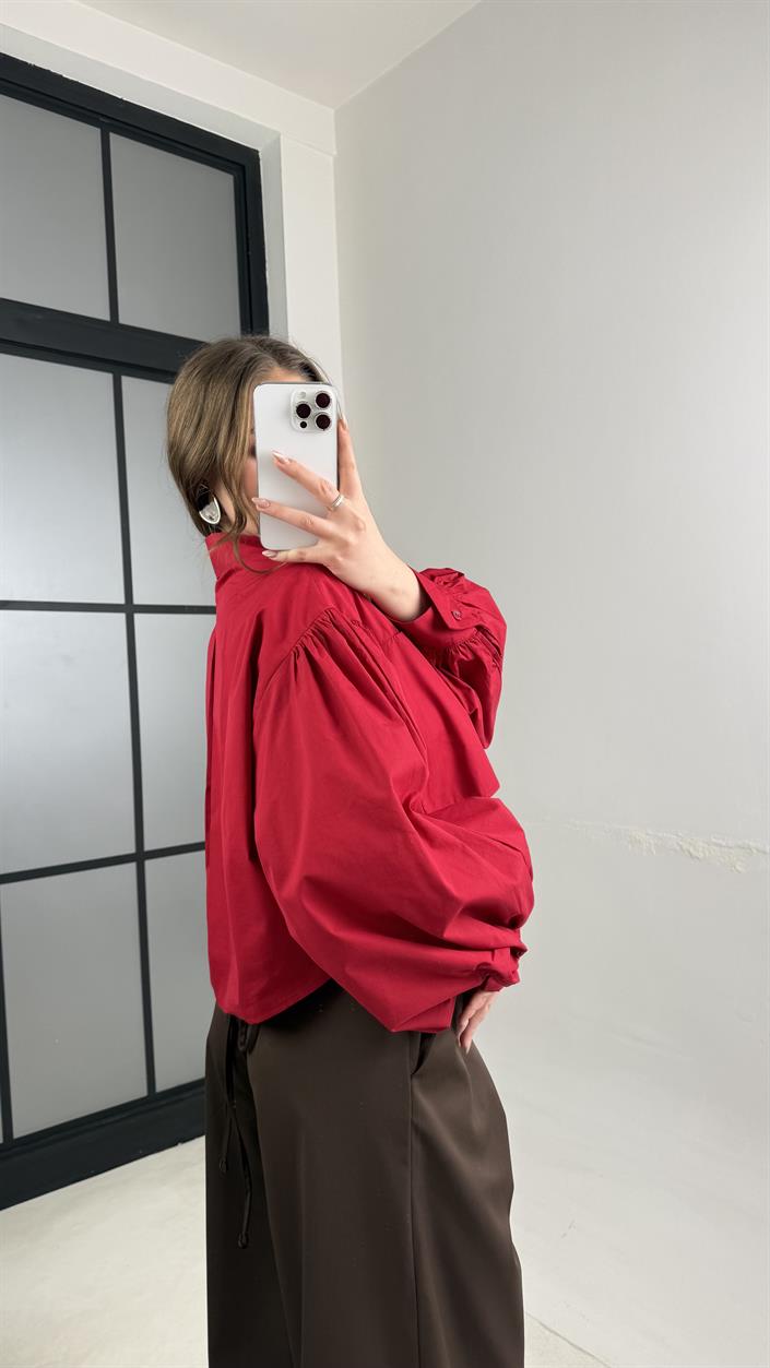 Kırmızı Yarasa Kol Crop Poplin Gömlek GAUS-01117