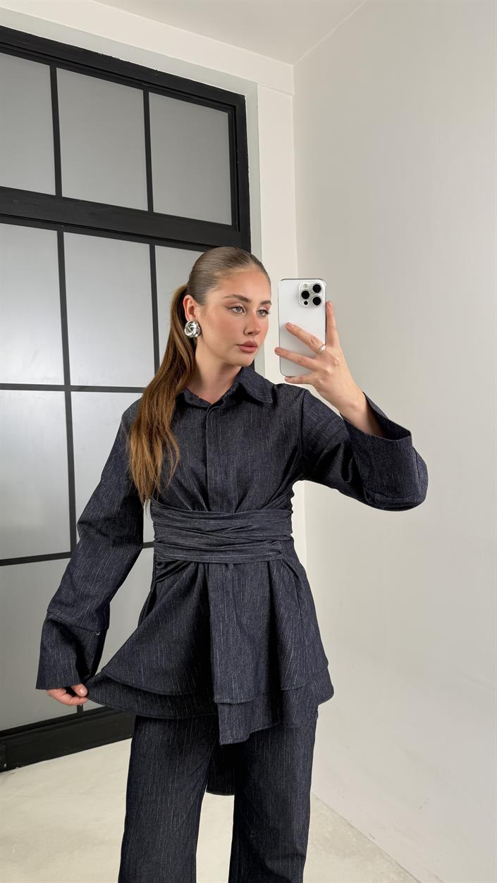 Lacivert Gümüş Çizgili Bağlama Detaylı Gömlek Pantolon Denim Takım GAUS-00638