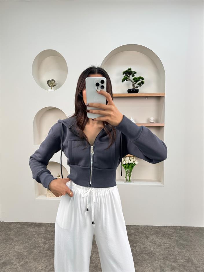 Nerma Antrasit Kapüşonlu Fermuarlı Kısa Sweatshirt