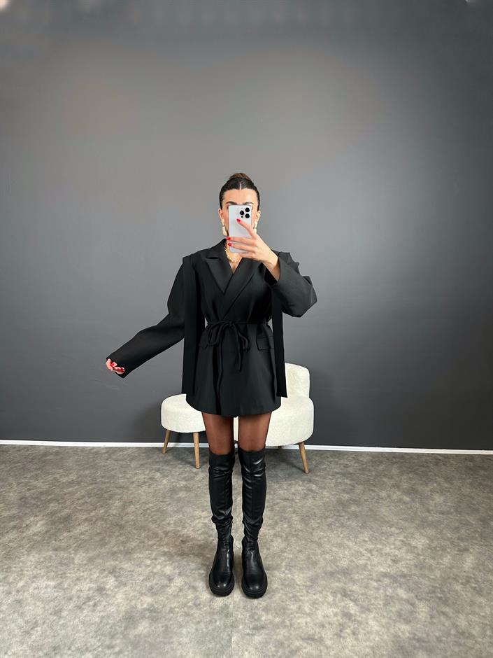 Anis Premium Siyah Çizgili Bağlamalı Astarlı Blazer Ceket 